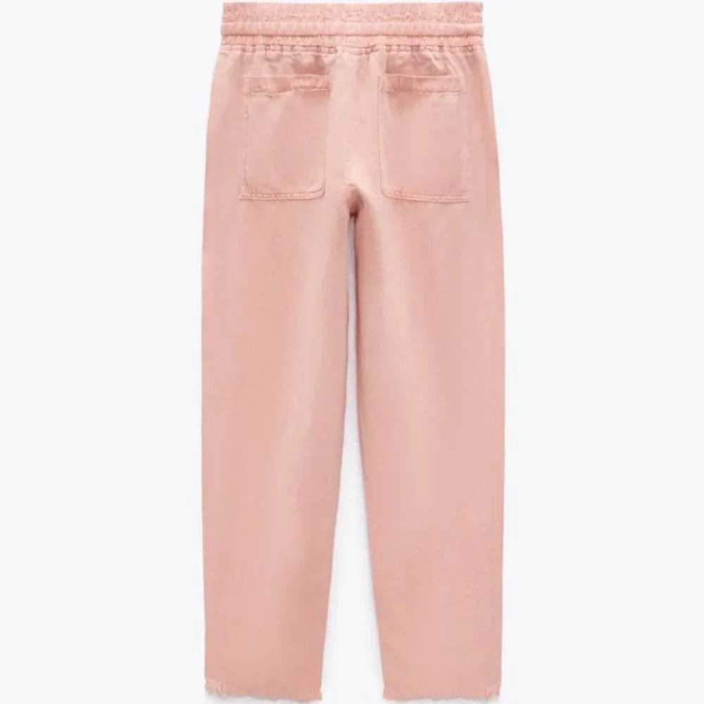 Zara Raw Hem Trousers Pink Linen Blend High Rise Utility Joggers